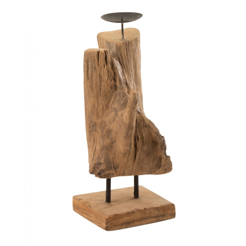 Bougeoir sculpté en bois naturel 15x15x35 cm