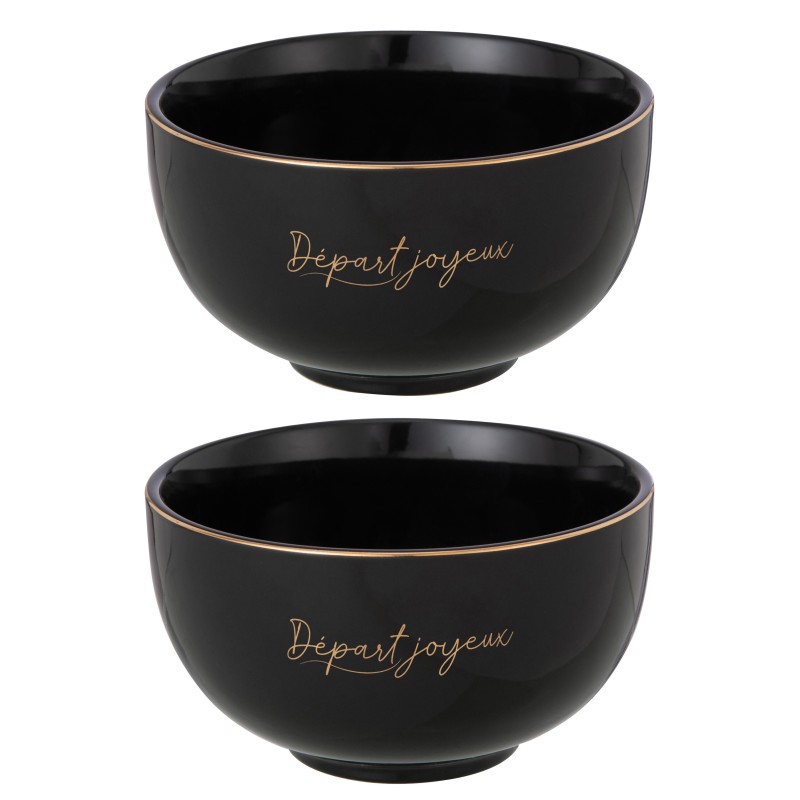 Set de 2 bols départ joyeux en porcelaine noir 14x14x8 cm