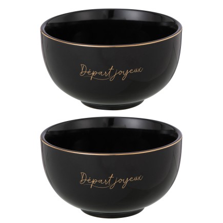 Set de 2 bols départ joyeux en porcelaine noir 14x14x8 cm