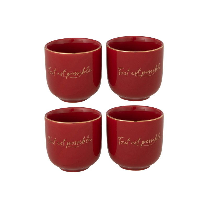 Set de 4 tasses tout est possible en porcelaine rouge 7x7x7 cm