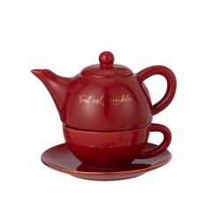 Tetera con taza y platillo de porcelana roja de 19x12x16 cm