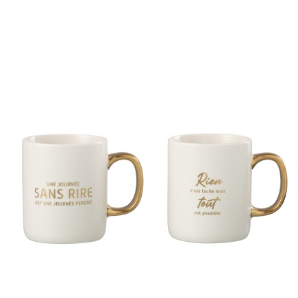 Lote de 2 tazas con mensaje en porcelana blanca y dorada de 12x8x10cm