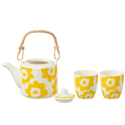 Juego de tetera y 2 tazas de cerámica amarilla 600ml