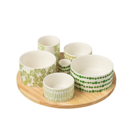 Juego de 6 platos aperitivo con bandeja de cerámica verde 30x30x9 cm