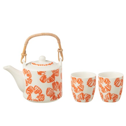 Juego de tetera y 2 tazas de cerámica flor naranja 600ml