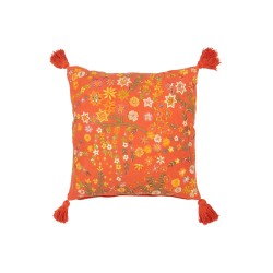 Cojín cuadrado flores+borlas en algodón naranja 45x45x15 cm