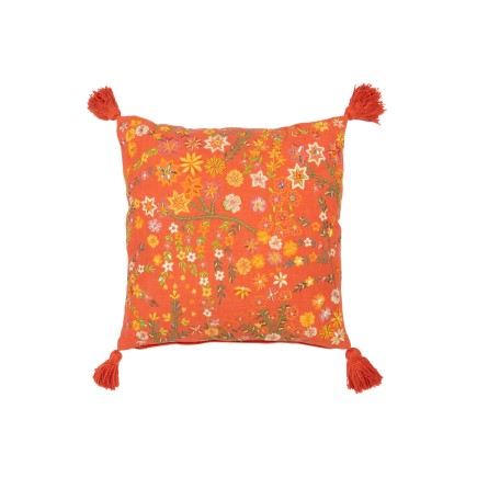 Cojín cuadrado flores+borlas en algodón naranja 45x45x15 cm