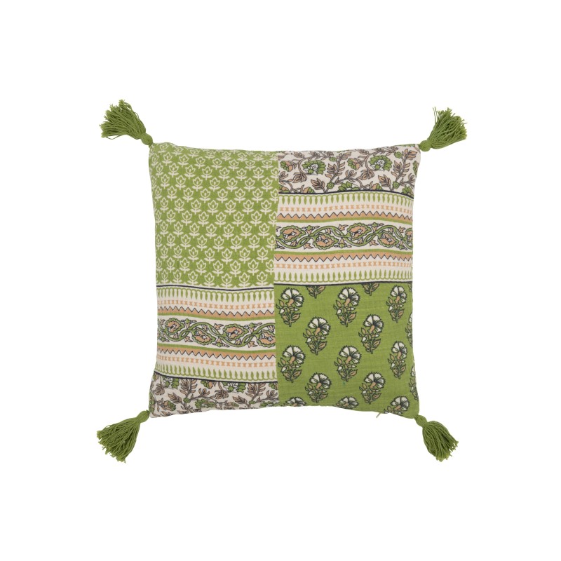 Cojín flores+borlas en algodón verde 45x45x12 cm Cojín flores+borlas en algodón verde 45x45x12 cm