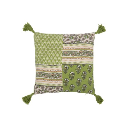 Cojín flores+borlas en algodón verde 45x45x12 cm