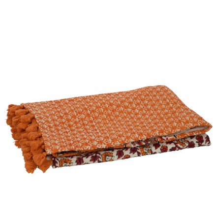 Plaid fleurs en coton orange 130x180x1 cm