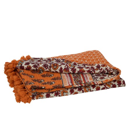 Plaid fleurs en coton orange 130x180x1 cm