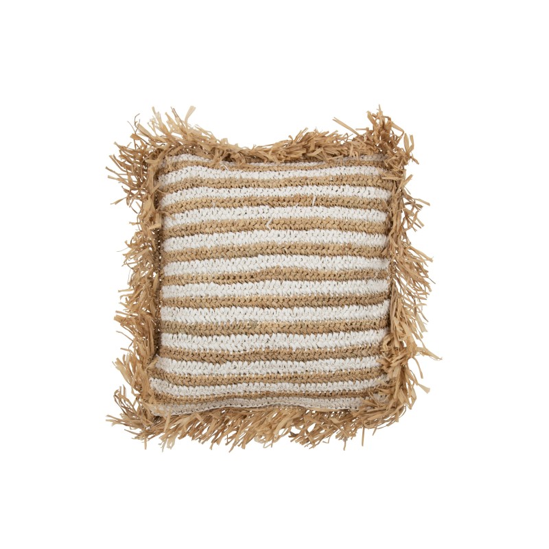 Almofada listrada com franjas em tecido branco 45x45x15 cm