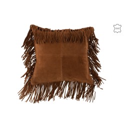 Cuscino quadrato in pelle cognac con frange 42x41cm
