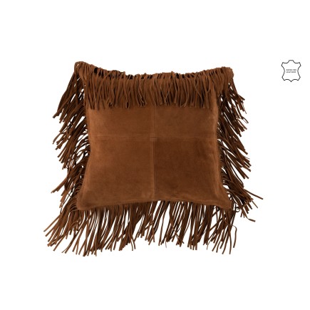 Coussin carré à franges en cuir cognac 42x41cm