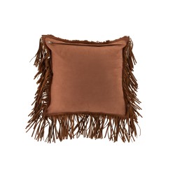 Coussin carré à franges en cuir cognac 42x41cm
