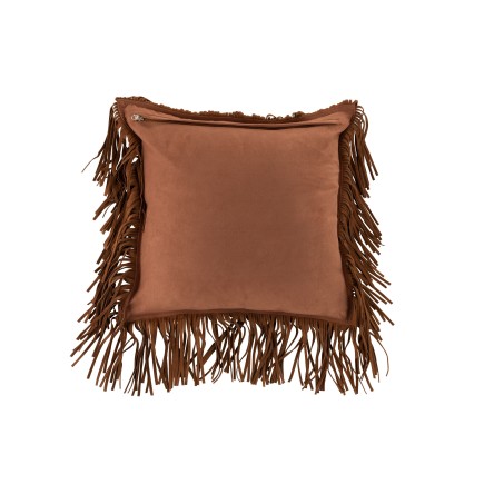 Coussin carré à franges en cuir cognac 42x41cm