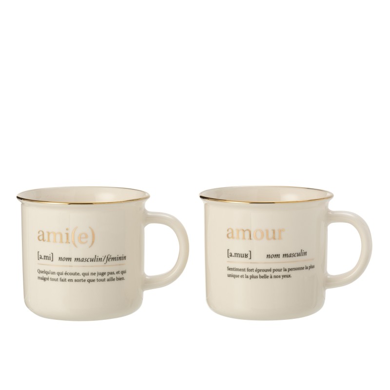 Lot de 2 mugs avec inscription amour et ami en céramique blanche et or H9cm Lot de 2 mugs avec inscription amour et ami en céramique blanche et or H9cm