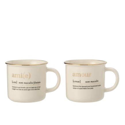Lote de 2 tazas con inscripción de amor y amigo en cerámica blanca y dorada de 9 cm de altura