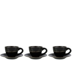 Lote de 3 tazas con platillos de porcelana negra 15x15x7 cm