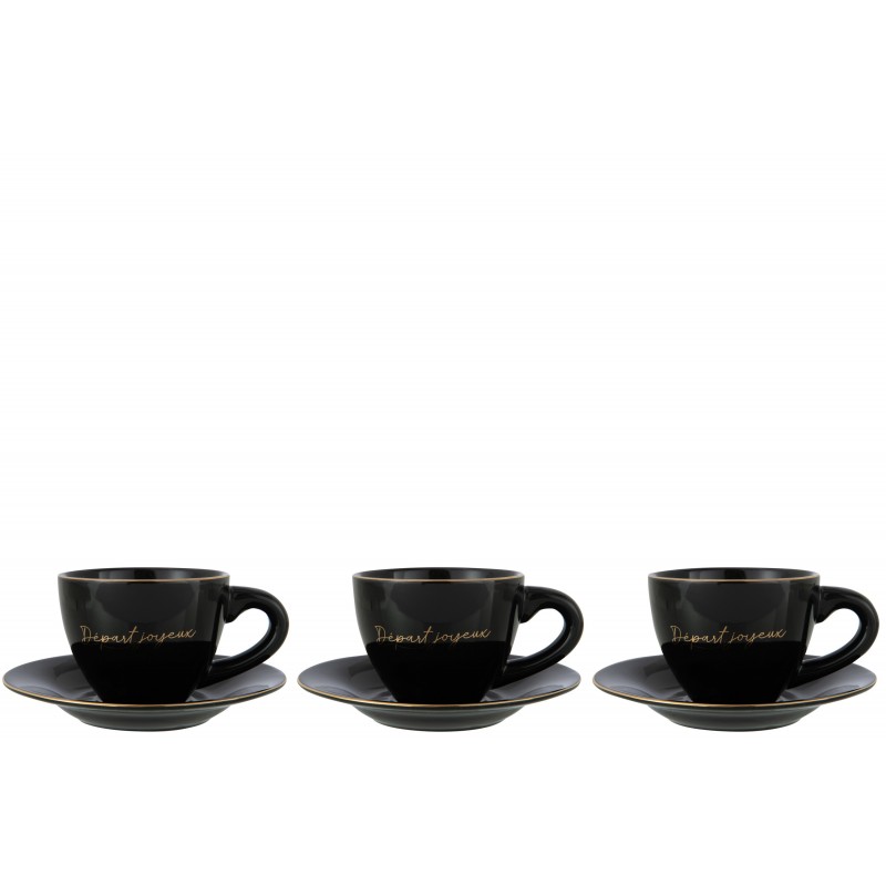 Lot de 3 tasses avec sous-tasses en porcelaine noir 15x15x7 cm