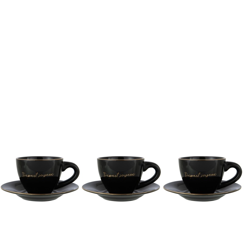 Lot de 3 tasses avec sous-tasses en porcelaine noir 15x15x7 cm