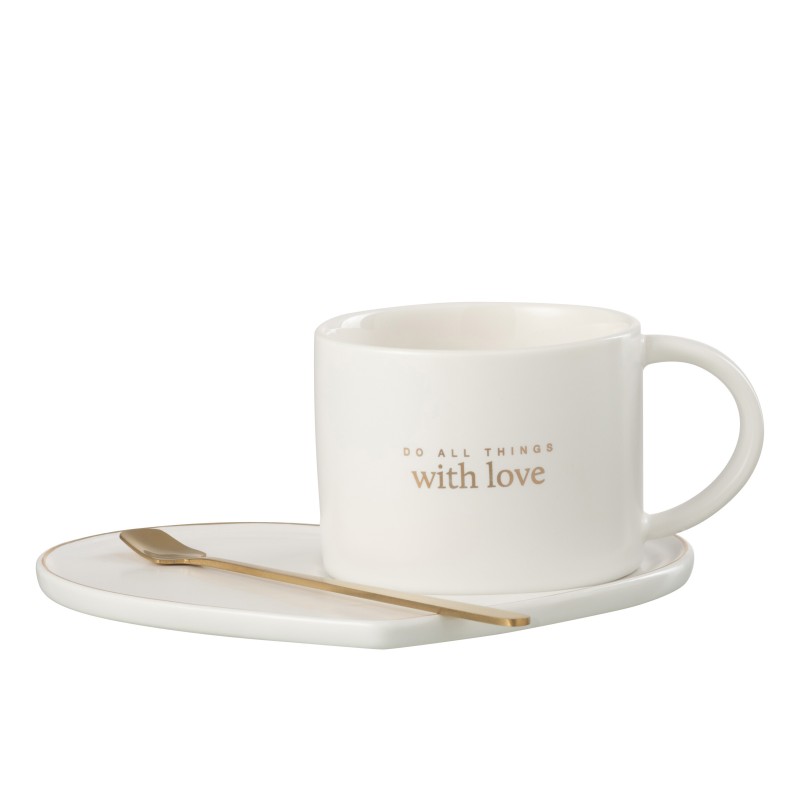 Taza con platillo en forma de corazón y cuchara de porcelana blanca 18x14x6cm Taza con platillo en forma de corazón y cuchara de porcelana blanca 18x14x6cm