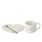 Taza con platillo en forma de corazón y cuchara de porcelana blanca 18x14x6cm Taza con platillo en forma de corazón y cuchara de porcelana blanca 18x14x6cm