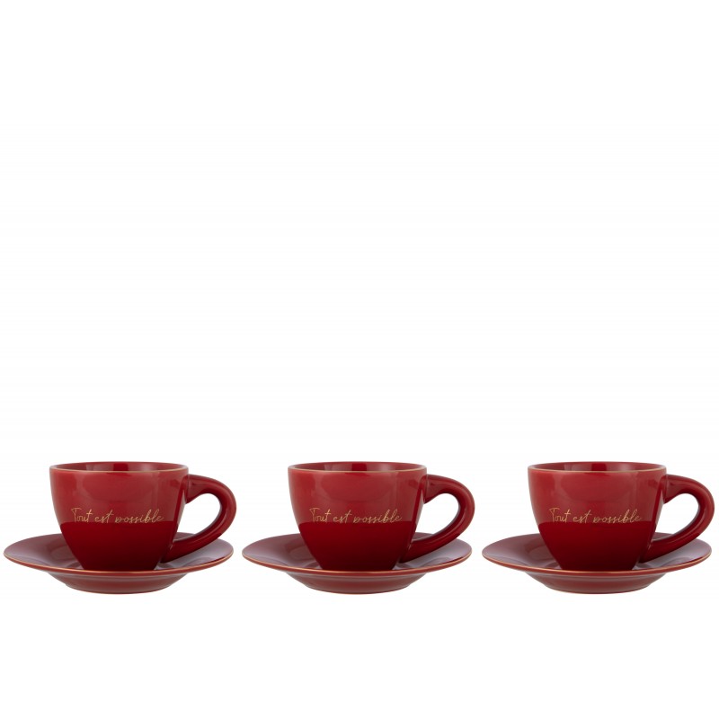 Lot de 3 tasses avec sous-tasses en porcelaine rouge 15x15x7 cm