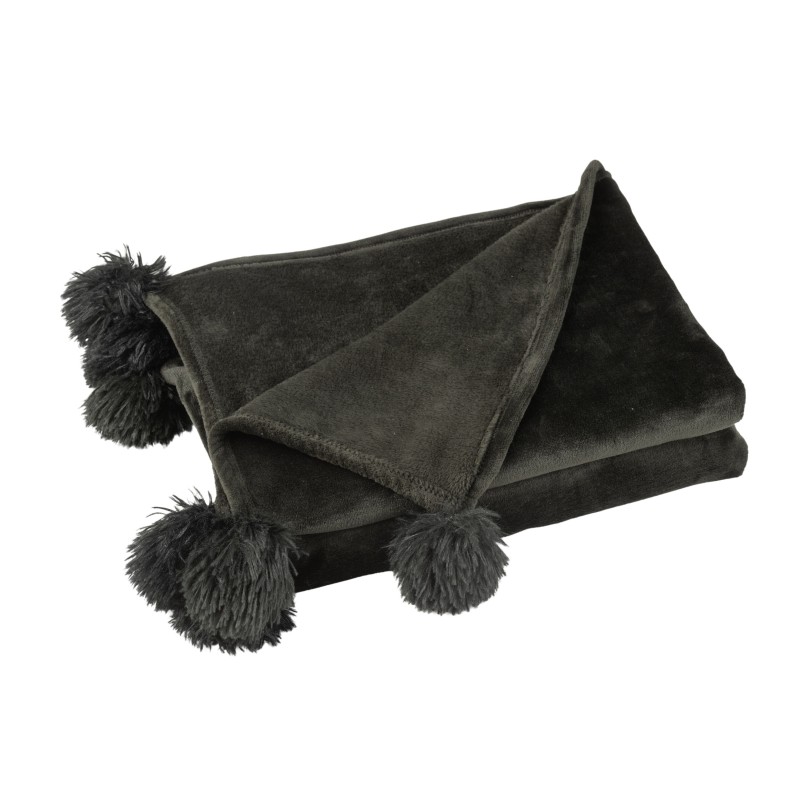 Manta com pompons em poliéster preto 170 x 130 cm