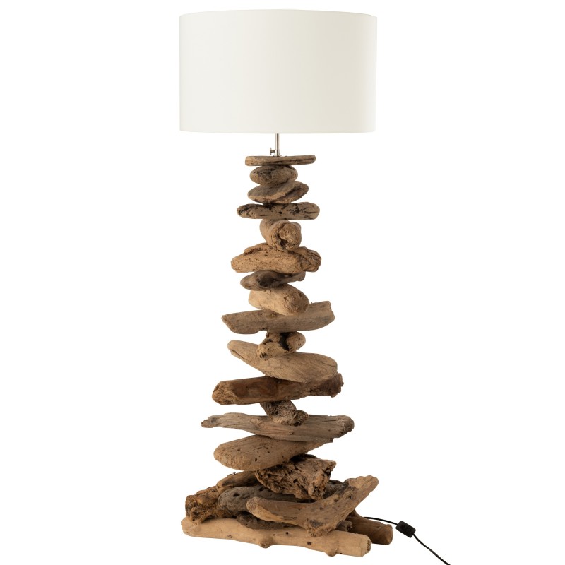 Candeeiro com abajur e base em madeira natural 42x42x90 cm