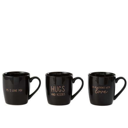 Lot de 3 mugs en céramique noire et or H10cm