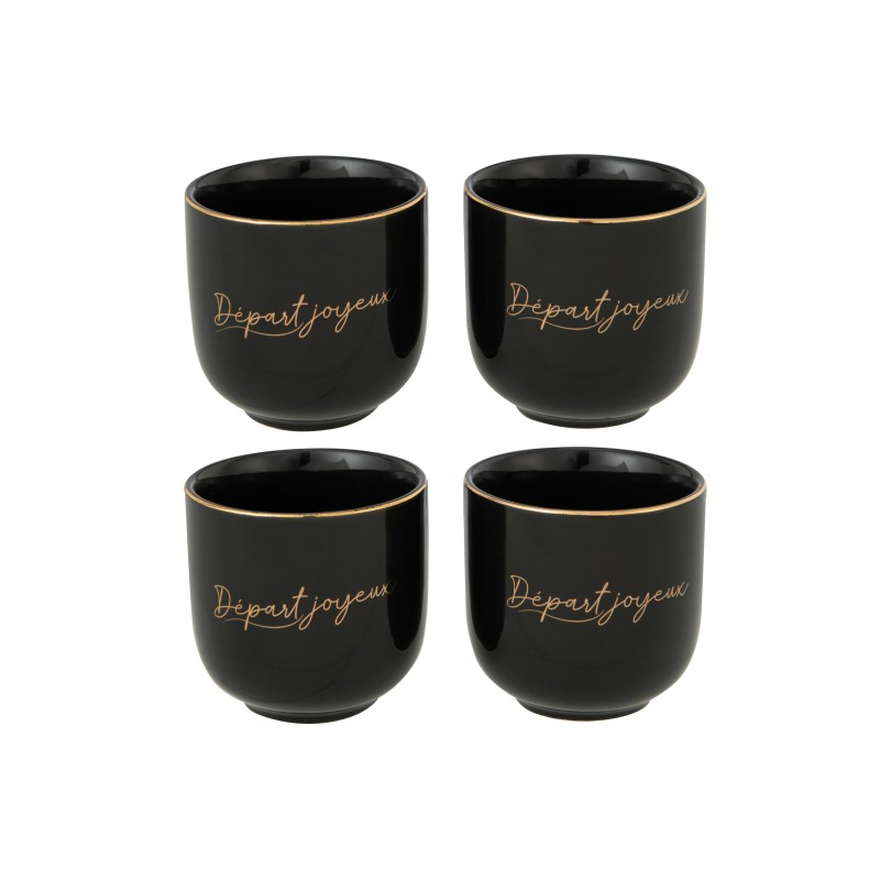 Set de 4 tasses départ joyeux en porcelaine noir 7x7x7 cm