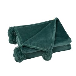 Plaid pompons en polyester vert foncé 173x126cm