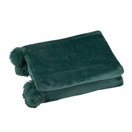 Plaid pompons en polyester vert foncé 173x126cm