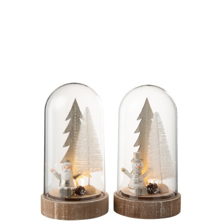 Campana de cristal navidad + led madera plata/blanco surtido de 2 Alt. 20 cm