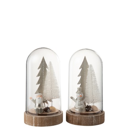 Campana de cristal navidad + led madera plata/blanco surtido de 2 Alt. 20 cm