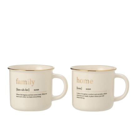 Lot de 2 mugs avec inscription family et home en céramique blanche et or H9cm