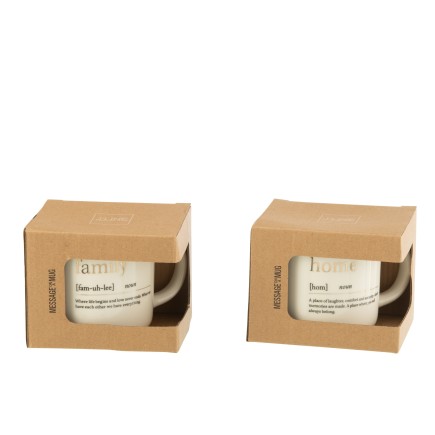 Lot de 2 mugs avec inscription family et home en céramique blanche et or H9cm