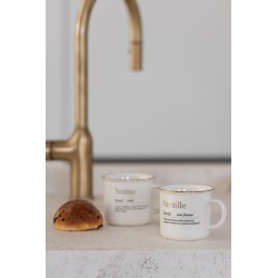 Lote de 2 tazas con inscripción de familia y hogar en cerámica blanca y dorada de 9 cm de altura