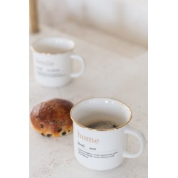 Lote de 2 tazas con inscripción de familia y hogar en cerámica blanca y dorada de 9 cm de altura