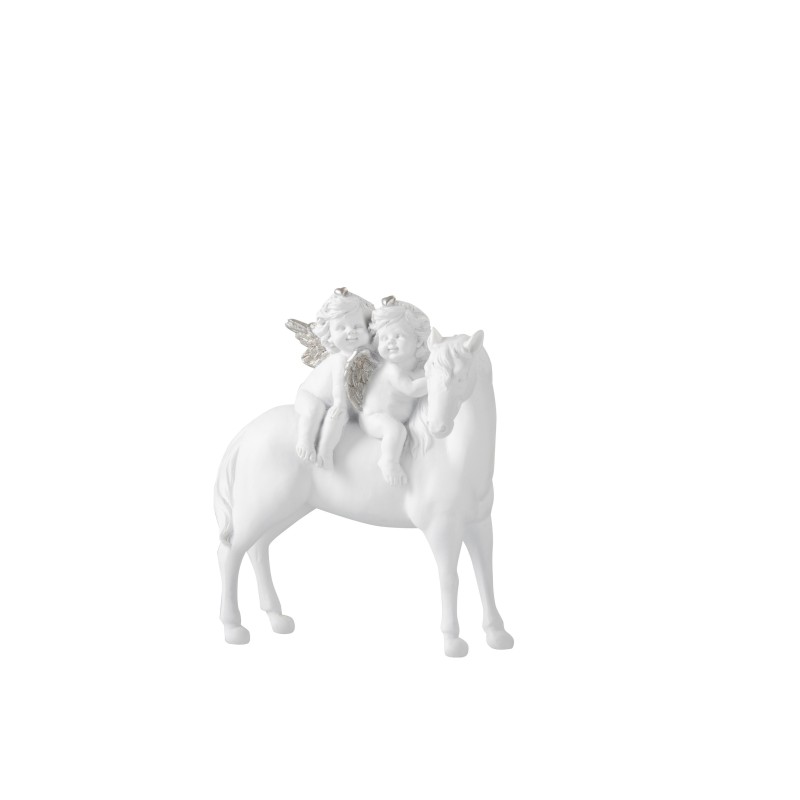 Cheval avec 2 anges en résine blanche 14x18cm Cheval avec 2 anges en résine blanche 14x18cm