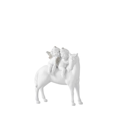 Cavallo con 2 angeli in resina bianca 14x18cm