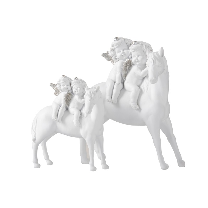 Cheval avec 2 anges en résine blanche 19x24cm