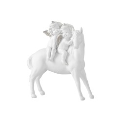 Cheval avec 2 anges en résine blanche 19x24cm