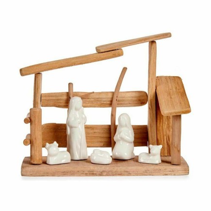 Crèche de Noël blanc Naturel bois Céramique 10x21x25cm - Lot de 2