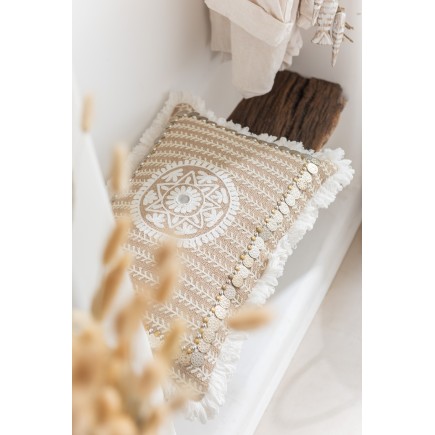 Coussin rectangulaire avec bord en franges et motifs en jute naturel 49x31cm