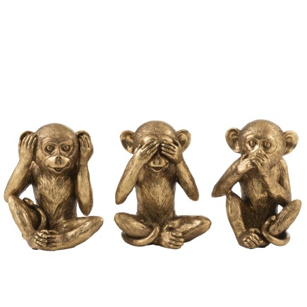 Set de 3 singes de la sagesse en résine or 19.5x16.5x23 cm