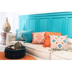 Coussin carré avec coin floches en coton turquoise 46x46cm
