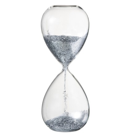 Reloj de arena de vidrio con purpurina plateada 25 cm