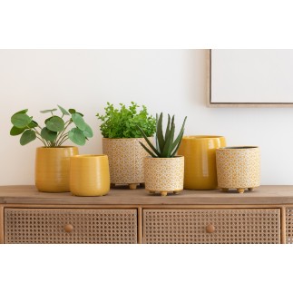 Vaso di fiori in ceramica ocra su gambe 14x14x13,5 cm